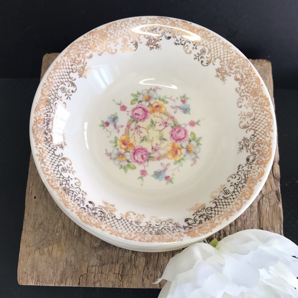 6 Shabby Chic Floral Gold Rimmed Small Bowls - Picture 1 of 7